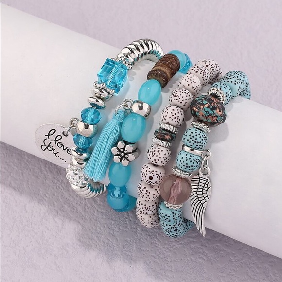 Love Wings Tassel Multilayer Bracelet Turquoise -4pcs Beaded Bracelet - Picture 3 of 4